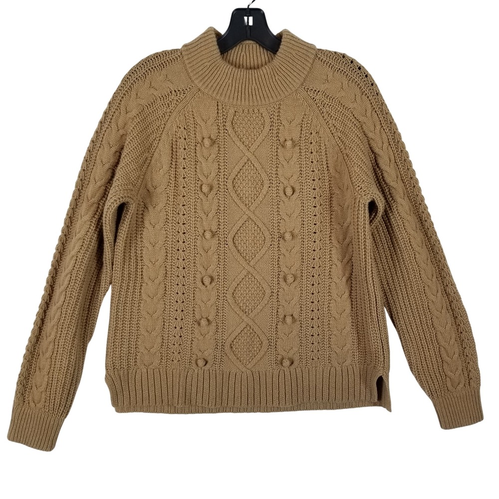 J. Crew Womens Camel Brown Lambswool Blend Cable Knit Bobble Mock Neck Sweater M